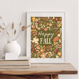 Impresión de feliz otoño, decoración de pared de otoño, arte de pared de otoño con flores verdes, letrero de feliz otoño, letrero de hojas de feliz otoño, decoración de pared con flores de otoño coloridas