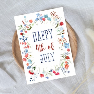 Carte du 4 juillet, cartes du 4 juillet, cartes de voeux du 4 juillet, pack de cartes joyeux 4 juillet fleurs aquarelle bleu rouge, jeu de cartes du 4 juillet