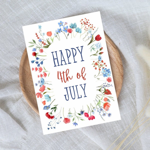 4th of July card, july 4th cards, 4th of July greeting cards, red blue watercolor flowers happy 4th of July cards pack, july 4th card set
