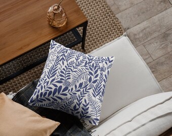 Oreiller bleu royal, oreiller feuilles bleues, oreiller floral bleu foncé, oreiller bleu botanique, oreiller grec bleu moderne, oreiller boho bleu marine