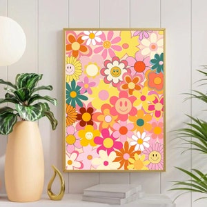 Retro wall art, Retro flower print, retro nursery flower wall art, retro flowers poster, retro girl wall art, retro teen tween girl decor