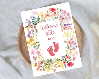 Baby card, baby shower card, expecting card, newborn baby card, welcome little one card, baby flowers gold card, card for baby shower floral