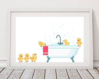 Kids Bathroom Ducks Wall Art, Kids duck Bathroom Prints, Kids Bathroom Decor, Children's Bathroom Art, bathtub bubbles ducks wall art
