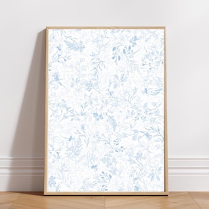 Chinoiserie Wall Decor, French Toile Print Kitchen, Chinoiserie Chic Wall Art, Light Blue Preppy Floral Pattern Women Bedroom Dorm Decor