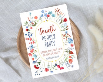 4th of July invitation, custom digital july 4th party invitations, personalized 4th of July invitations printable, red white blue flowers