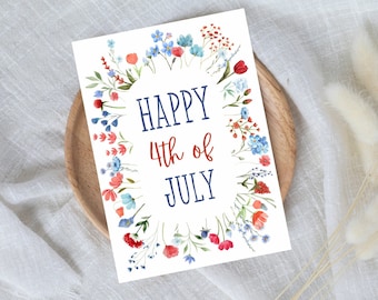 Carte du 4 juillet, cartes du 4 juillet, cartes de voeux du 4 juillet, pack de cartes joyeux 4 juillet fleurs aquarelle bleu rouge, jeu de cartes du 4 juillet