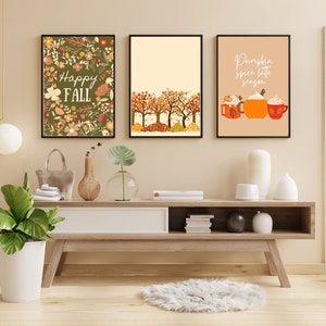 Juego de 3 obras de arte de pared de otoño, arte de pared de galería de otoño, impresiones de café con leche con especias de calabaza y hojas florales de otoño, decoración de pared de feliz otoño, juego de 3 carteles de otoño
