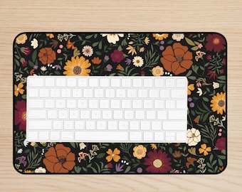 Dark Floral Desk Mat, Boho Flower Desk Pad, Cottagecore Deskmat, Dark Wildflower Keyboard Mat, Dark Flower Mouse Pad, Womens Desk Decor