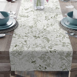 Sage Green White Floral Table Runner, French Toile Green Table Runner, Light green Floral Table Decor, Dainty Elegant Chinoiserie Tablecloth