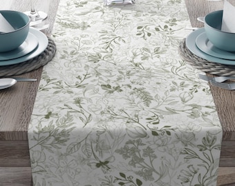 Sage Green White Floral Table Runner, French Toile Green Table Runner, Light green Floral Table Decor, Dainty Elegant Chinoiserie Tablecloth