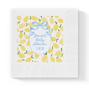 Aangepaste babyshowerservetten citroen, gepersonaliseerde papieren servetten citroenblauwe strik, Italiaanse citroenen thema bruids servetten mediterraan