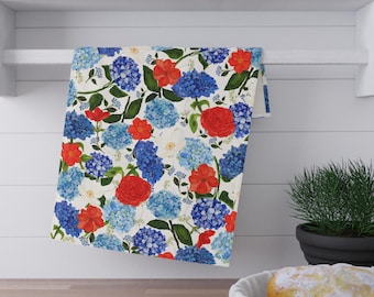 Floral Tea Towels, Hydrangea East Coastal Summer Dishcloths, Red White Blue Kitchen Towel, 4th of July Patriotic American Kitchen Towels