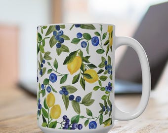 Zitrone Becher 15 Unzen, Zitrone Blaubeer Kaffeebecher, Sommer Obst Becher, italienische Zitrone Teebecher, Geschenk für Mutter Oma, gelb blau floral