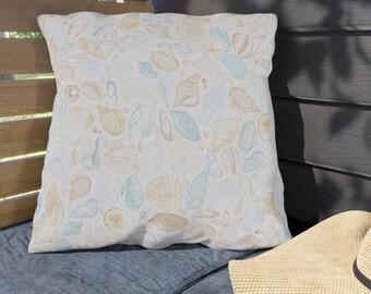 Coastal Outdoor Pillows, Seashell Patio Pillows, Summer Beach House Porch Pillow, Ocean Shell Blue Beige Nautical Outdoor Pillow Lumbar