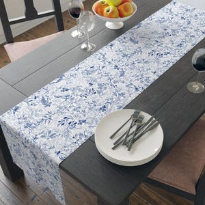 Blue Toile Table Runner, Dark Blue Chinoiserie Table Runner, Royal Blue Floral Table cloth, French Chateaucore Table Decor Grandmillennial