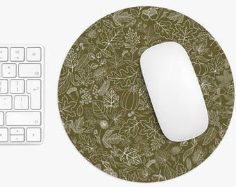 Fall Mouse Pad, Autumn Mousepad, Seasonal Desk Decor, Green Fall Foliage Desk Mat, Autumnal Office Decor, Maple Leaf Pumpkin Keyboard Mat