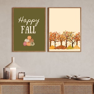 Juego de 2 impresiones de otoño, juego de 2 impresiones de otoño, impresiones de feliz otoño, arte de pared con árboles y hojas de otoño, juego de 2 carteles de otoño, árboles y calabazas con colores de otoño