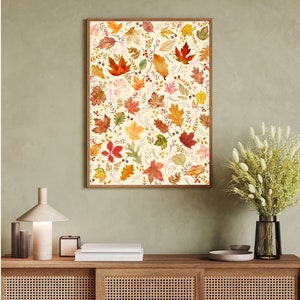 Arte de pared de hojas de otoño, estampado de hojas de acuarela de otoño, decoración de pared de hojas de otoño, cartel floral de otoño de hojas de acuarela, arte colorido de otoño