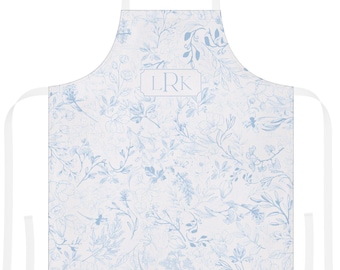 Light Blue Apron, Monogram Apron, Chinoiserie Blue Floral Apron, Gift for Baker, Custom Baking Gift, Personalized Womens Apron, Hostess Gift