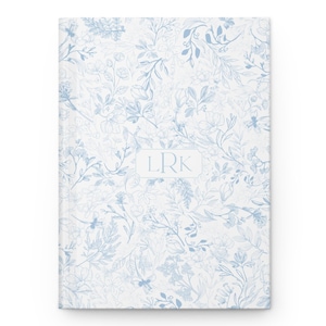 Customized Light Blue Floral Journal, personalized Monogram blue flower notebook, toile light blue white name journal, gifts for her
