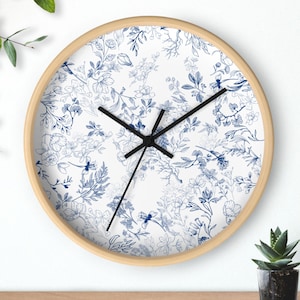 Floral Wall Clock, Blue Toile De Jouy Hanging Wall Clock, Chinoiserie Wooden Clock, Vintage Looking Floral Clock, Womens Office Decor