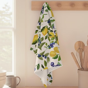 Lemon Tea Towel, Blueberry Lemon Kitchen Towel, Italian Lemon Kitchen Decor, Summer Fruit Dish Cloth Blue Yellow, Hostess Gifts for Mom