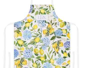 Personalized Apron, Hydrangea Lemon Apron, Italian Lemon Blue Apron, Custom Monogram Apron, Gift for Mom, Lemon Floral Baking Apron