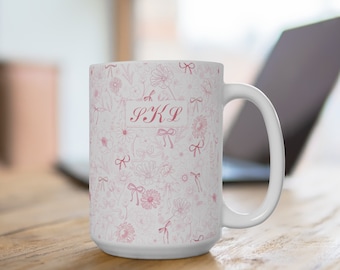Taza de café personalizada, taza con monograma rosa, taza coqueta, taza con lazo rosa personalizada, taza con lazos florales rosas, taza preppy personalizada, regalos para ella