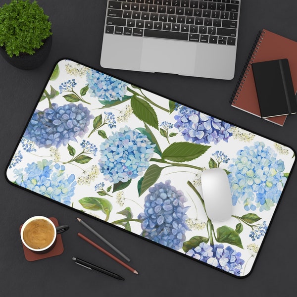 Floral Desk Mat, Flower Desk Mat, summer floral desk pad, hydrangea Desk Mat, blue white flowers Desk Mat, women’s office desk decor