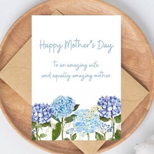 Tarjeta imprimible del Día de la Madre para esposa, tarjetas digitales del Día de la Madre para esposa, tarjetas florales del Día de la Madre para esposa de esposo, hortensias imprimibles