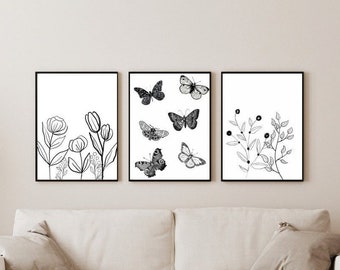 Black and white gallery set of 3 prints, Black and white wall art, Black white nursery kids decor, black white living room, floral plants