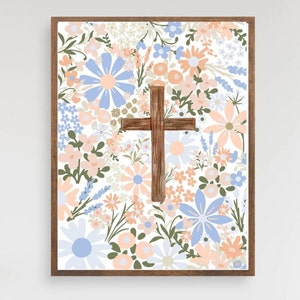 Flower cross print, pastel floral Christian decor, kids Christian wall art, pastel flower cross wall decor, Christian gifts for women