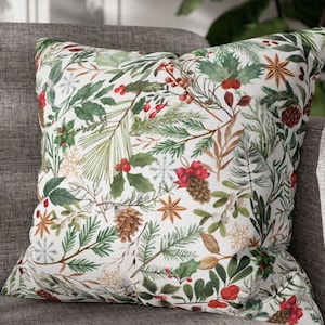 Winter Pillow Covers, Holly Pine Pillow Cover, Watercolor Winter Pillow Cover, Christmas botanical pillow cover, winter leaves pillowcase