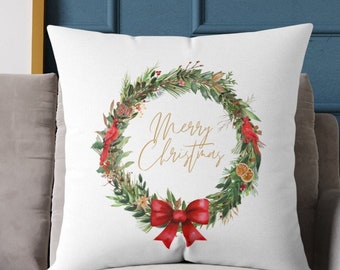 Cuscini natalizi, cuscino decorativo "Buon Natale", ghirlanda natalizia rossa, oro e bianco, elegante federa natalizia 20x20