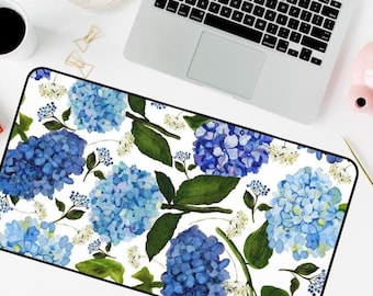 Floral Desk Mat, Flower Desk Mat, summer floral desk pad, hydrangea Desk keyboard Mat, blue white flowers Desk Mat, womens office desk decor