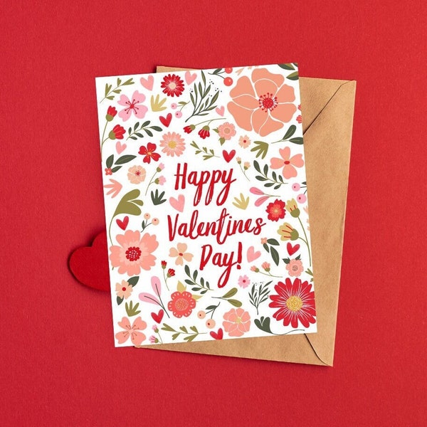 Valentines Day Cards, Happy Valentine's Day Card, Pink Valentine Cards Set, Floral Valentine Cards Pack, Valentine Gift Cards, Red Vday Card