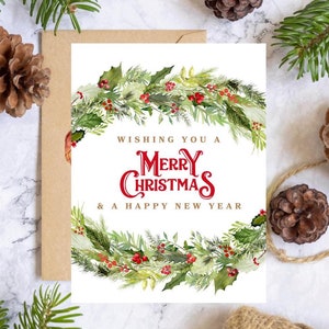 Kerstkaarten, ik wens je een vrolijk kerstfeest en een gelukkig nieuwjaar Kaartenset met enveloppen Aquarel hulstkrans Gepersonaliseerde kerstkaarten