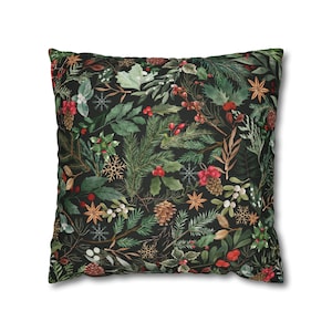 Winter Pillow Cover, Holly Pine Pillow Cover, Watercolor Winter Pillow Cover 18x18, Forest Green Botanical Pillow Case, Winter leaves decor image 2