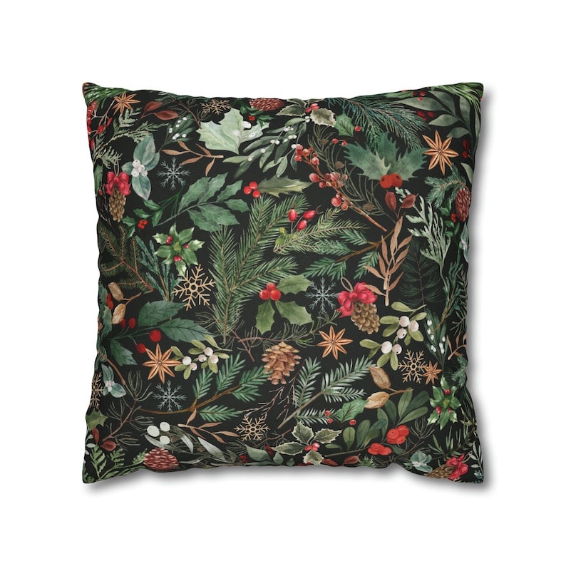 Winter Pillow Cover, Holly Pine Pillow Cover, Watercolor Winter Pillow Cover 18x18, Forest Green Botanical Pillow Case, Winter leaves decor image 2