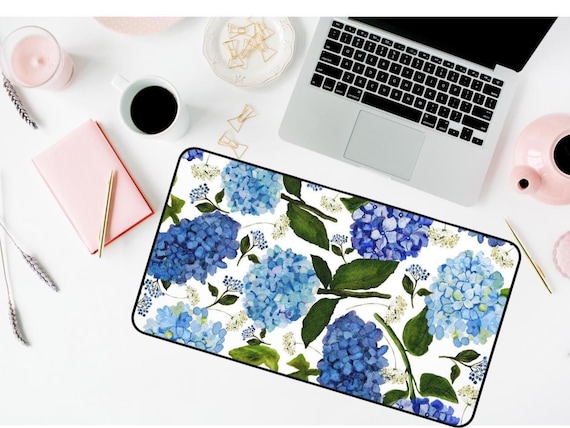 Floral Desk Mat, Flower Desk Mat, summer floral desk pad, hydrangea Desk keyboard Mat, blue white flowers Desk Mat, womens office desk decor