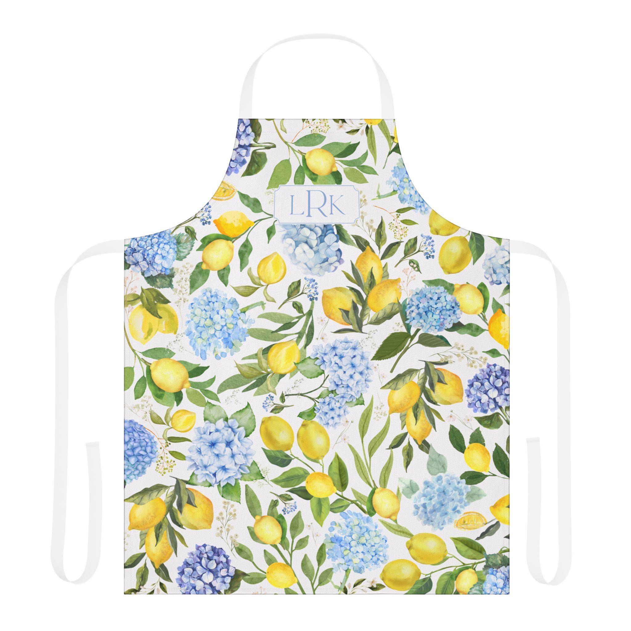 Personalized Apron, Hydrangea Lemon Apron, Italian Lemon Blue Apron, Custom Monogram Apron, Gift for Mom, Lemon Floral Baking Apron