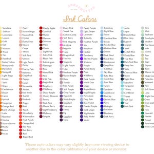 以下が含まれることがあります： 「Ink Colors」と題されたカラーチャートで、SunshineからArctic Greenまで、さまざまな色合いがあります。チャートには色の名前と対応する色の見本が表示されており、デザインやアートプロジェクトに役立ちます。下部のテキストには「色の表示はデバイスやモニターのカラーキャリブレーションにより若干異なる場合があります...」と記載されています。