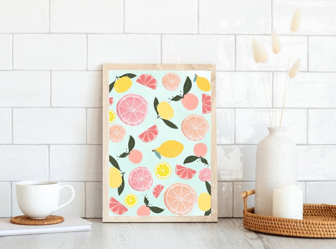 Lemon Kitchen Wall Art, Lemons Citrus Print, Pink Lemon Grapefruit
