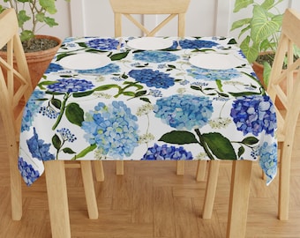 Blue Hydrangea Tablecloth, Watercolor Hydrangeas Table Cloth Coastal Flowers, Summer Floral Blue Tablecloth, Hydrangea Table Decor