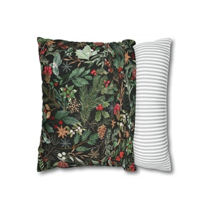 Winter Pillow Cover, Holly Pine Pillow Cover, Watercolor Winter Pillow Cover 18x18, Forest Green Botanical Pillow Case, Winter leaves decor image 9