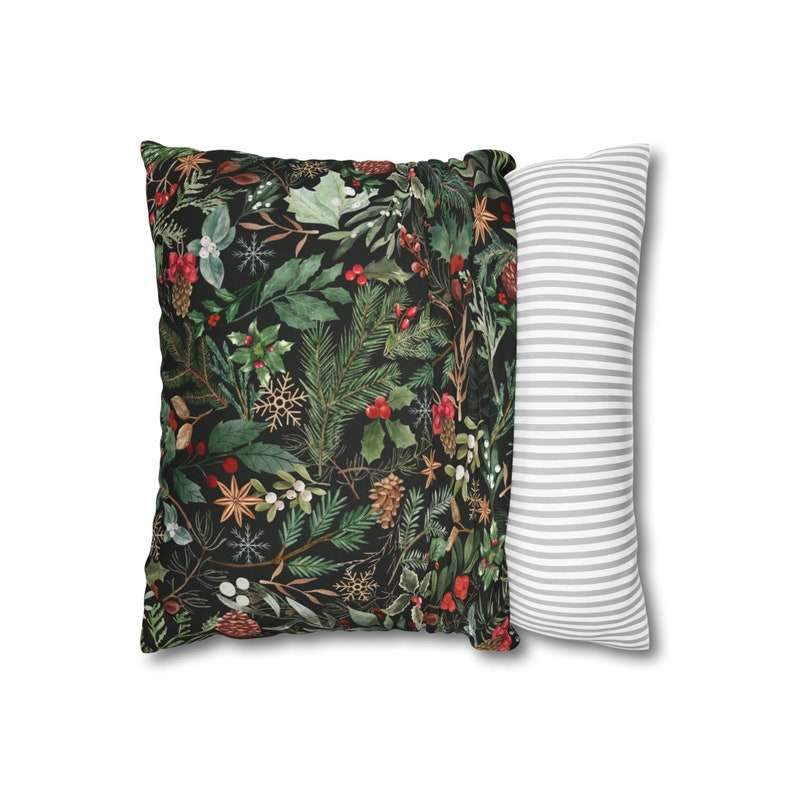 Winter Pillow Cover, Holly Pine Pillow Cover, Watercolor Winter Pillow Cover 18x18, Forest Green Botanical Pillow Case, Winter leaves decor image 9