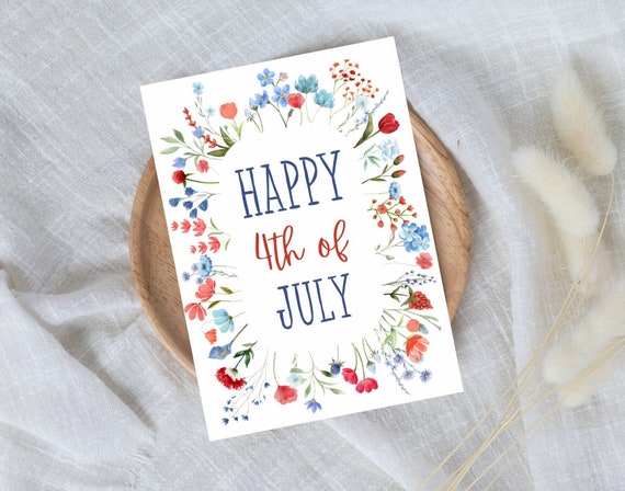 4th of July card, july 4th cards, 4th of July greeting cards, red blue watercolor flowers happy 4th of July cards pack, july 4th card set