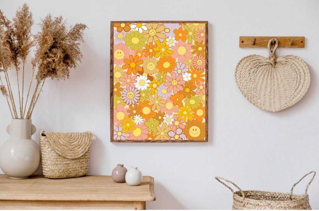 Retro Flower Print, Groovy Retro Flowers Wall Art, Retro Floral Poster ...