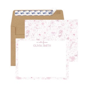 Gepersonaliseerde Coquette-briefkaarten, roze bloemencoquette stationaire toile chinoiserie, aangepaste roze strik vrouwelijk, dubbelzijdige notitiekaarten set