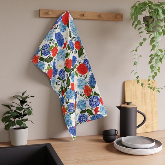 Set di strofinacci da cucina con ortensie blu: strofinacci da cucina in cotone floreale - Italia
